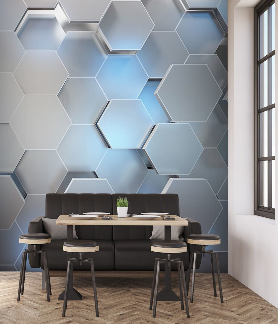 Witte zeshoeken met blauwe lichtjes in een interieur