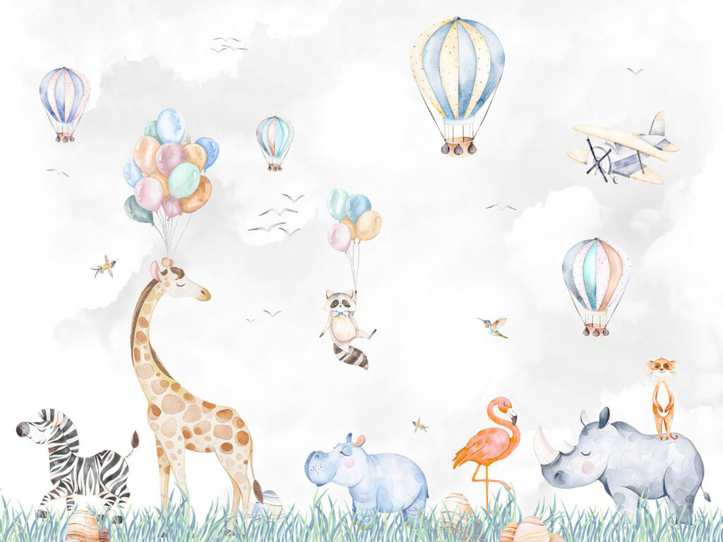 Safaridieren onder pastelballonnen — volledig ontwerp
