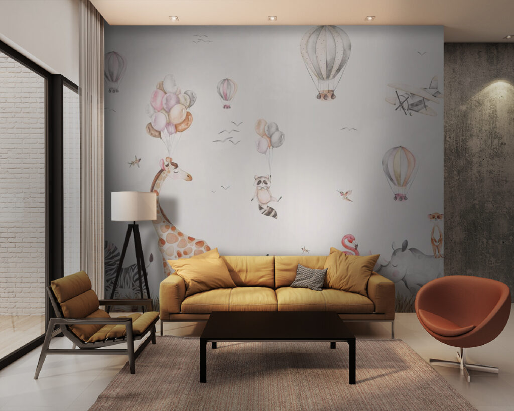 Blije dieren met kleurrijke ballonnen! in een interieur