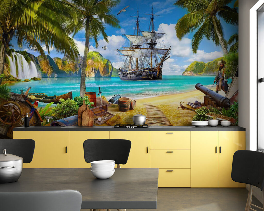 Piratenschip op een strand in een interieur