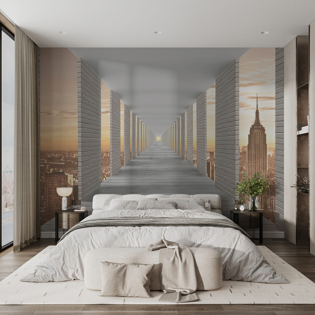 Zuilengang boven een avondstad — interieur 10