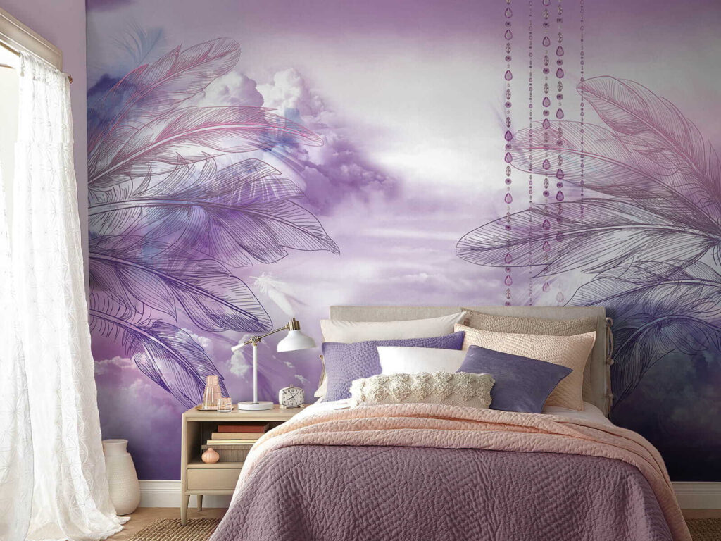 Paarse en roze wolken en een paarse lucht met wolken in een interieur