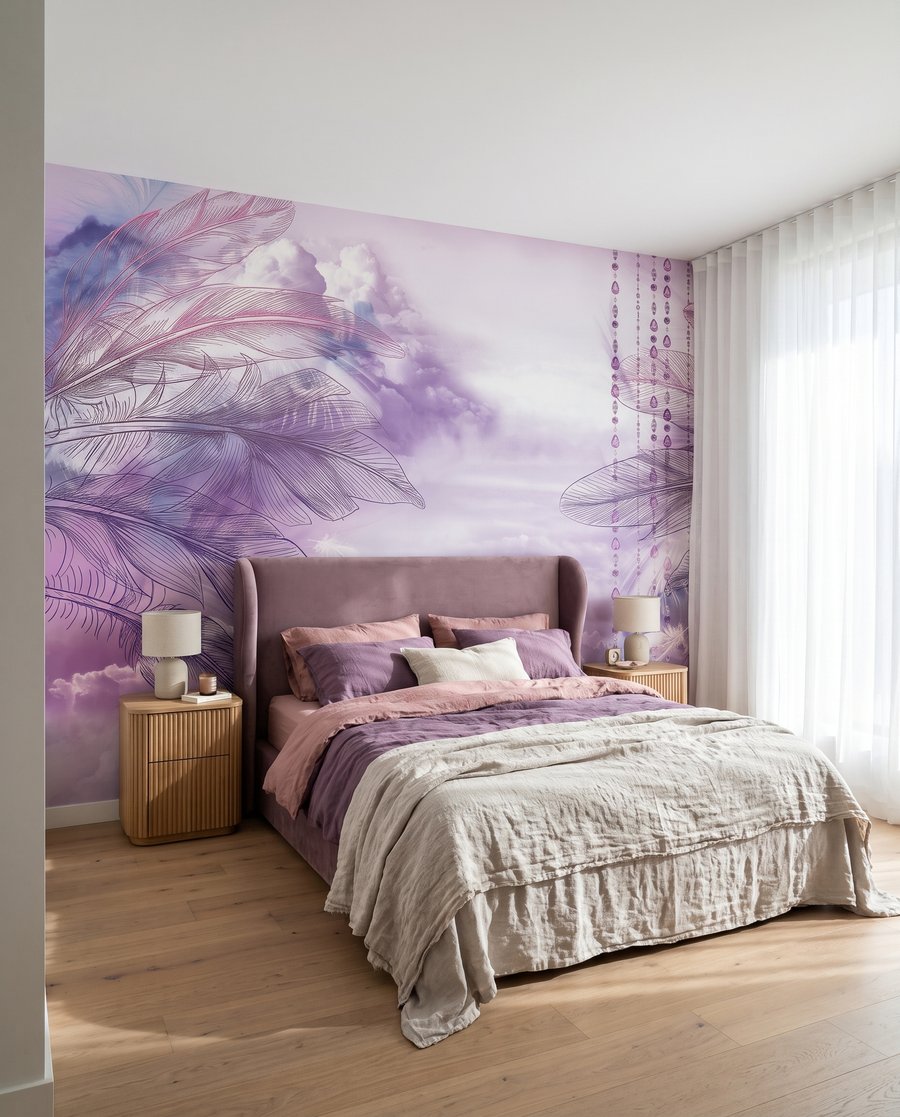 Paarse schommel tussen veren in een interieur