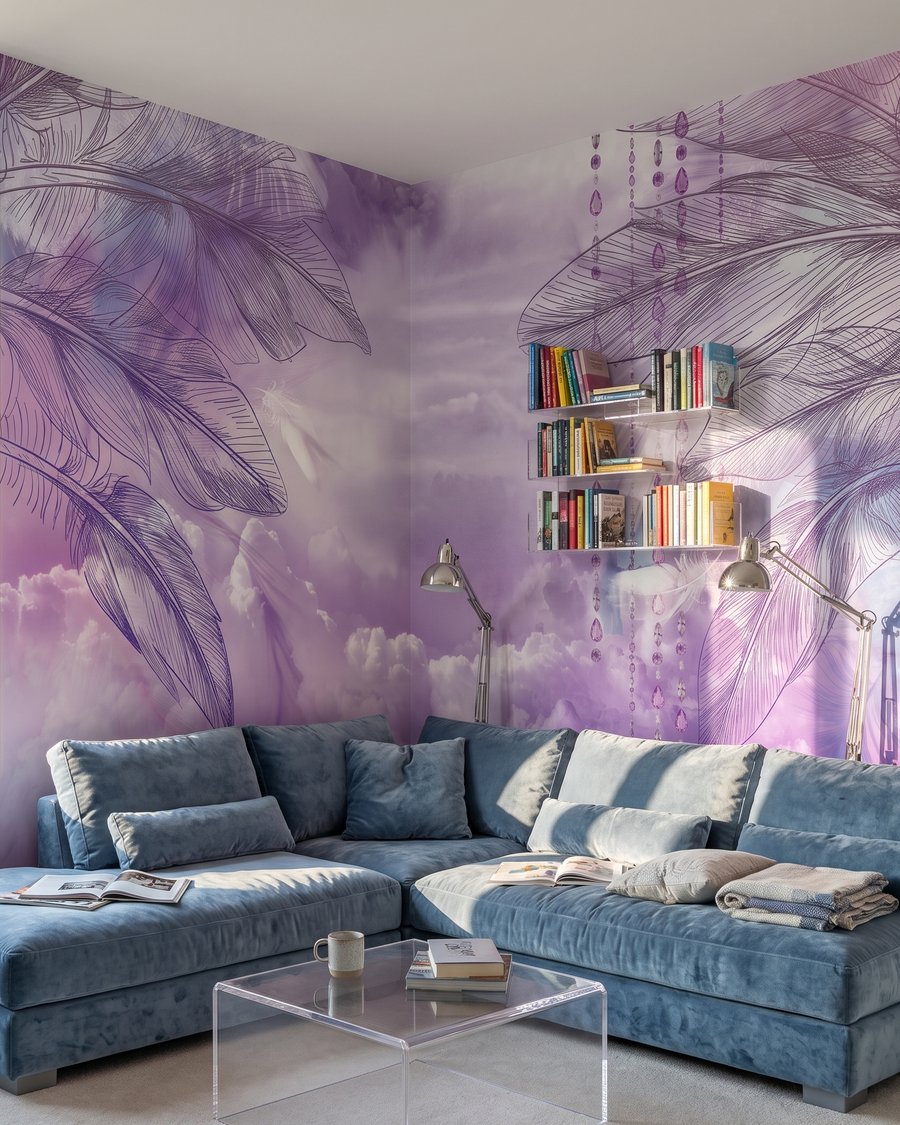 Paarse schommel tussen veren in een interieur