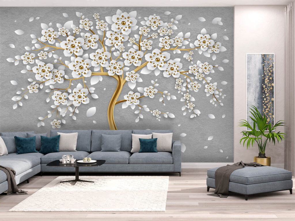 Witte bloesem aan goudstam — interieur 1