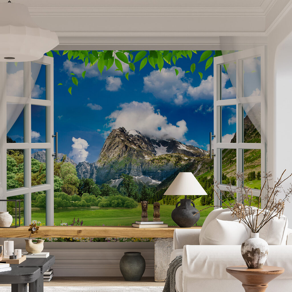 Bergweide achter witte ramen — interieur 3
