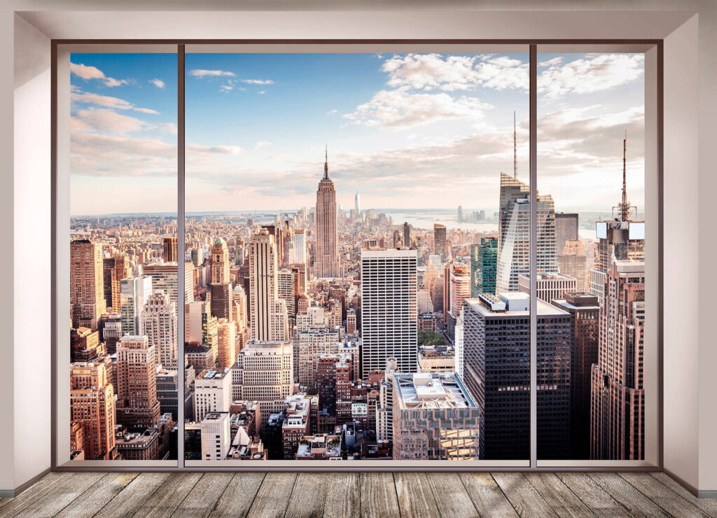 Skyline achter breed stadsraam — volledig ontwerp