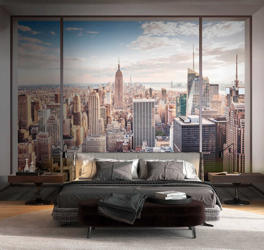 Skyline achter breed stadsraam — interieur 2