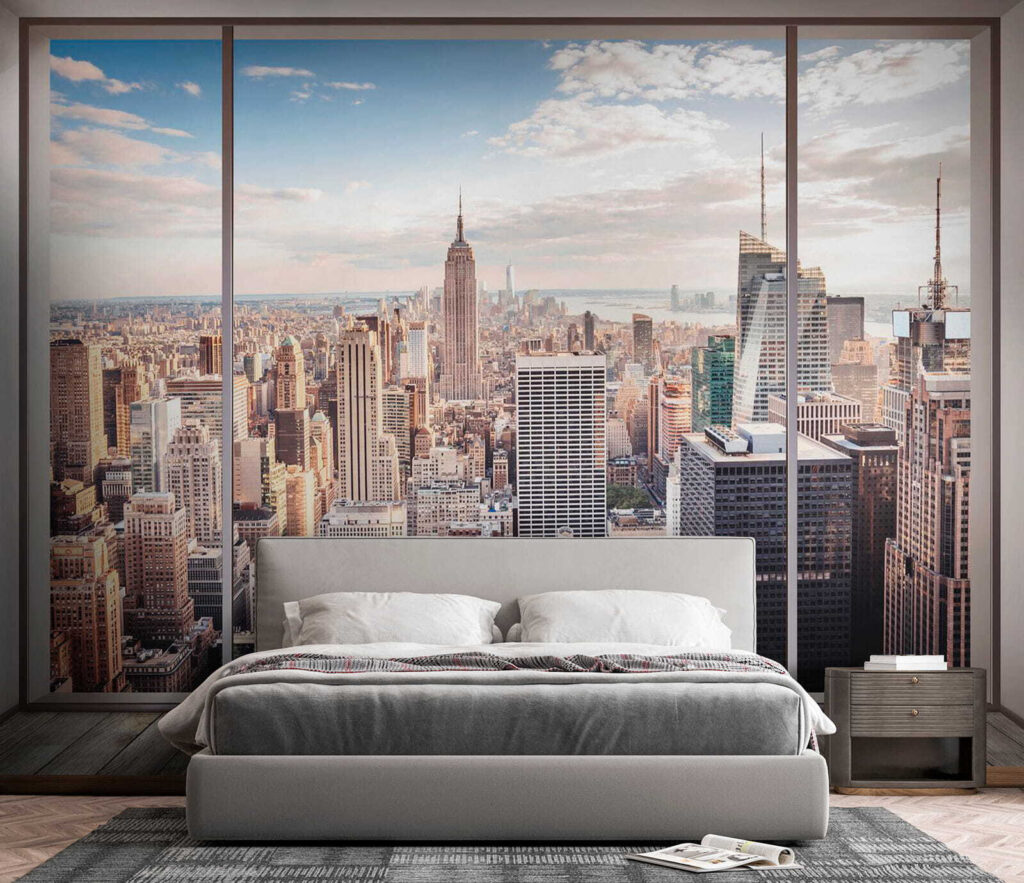 Skyline achter breed stadsraam — interieur 3