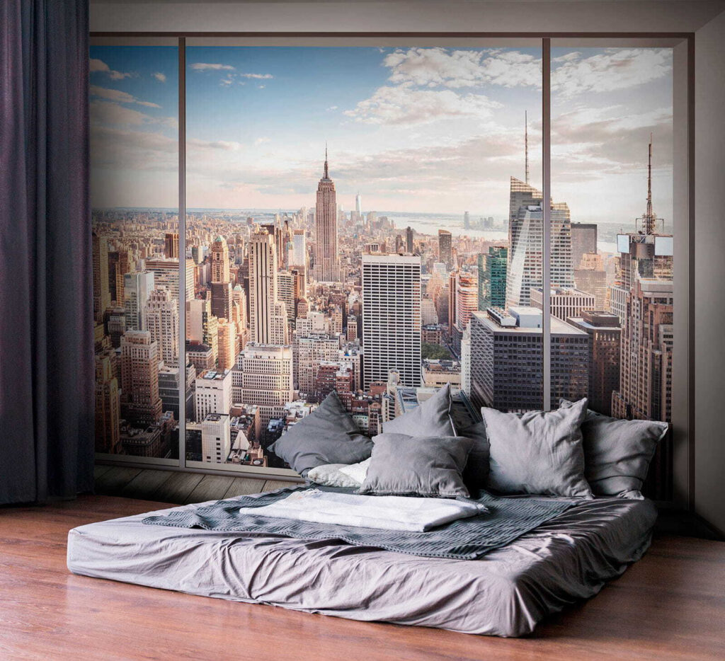 Skyline achter breed stadsraam — interieur 1