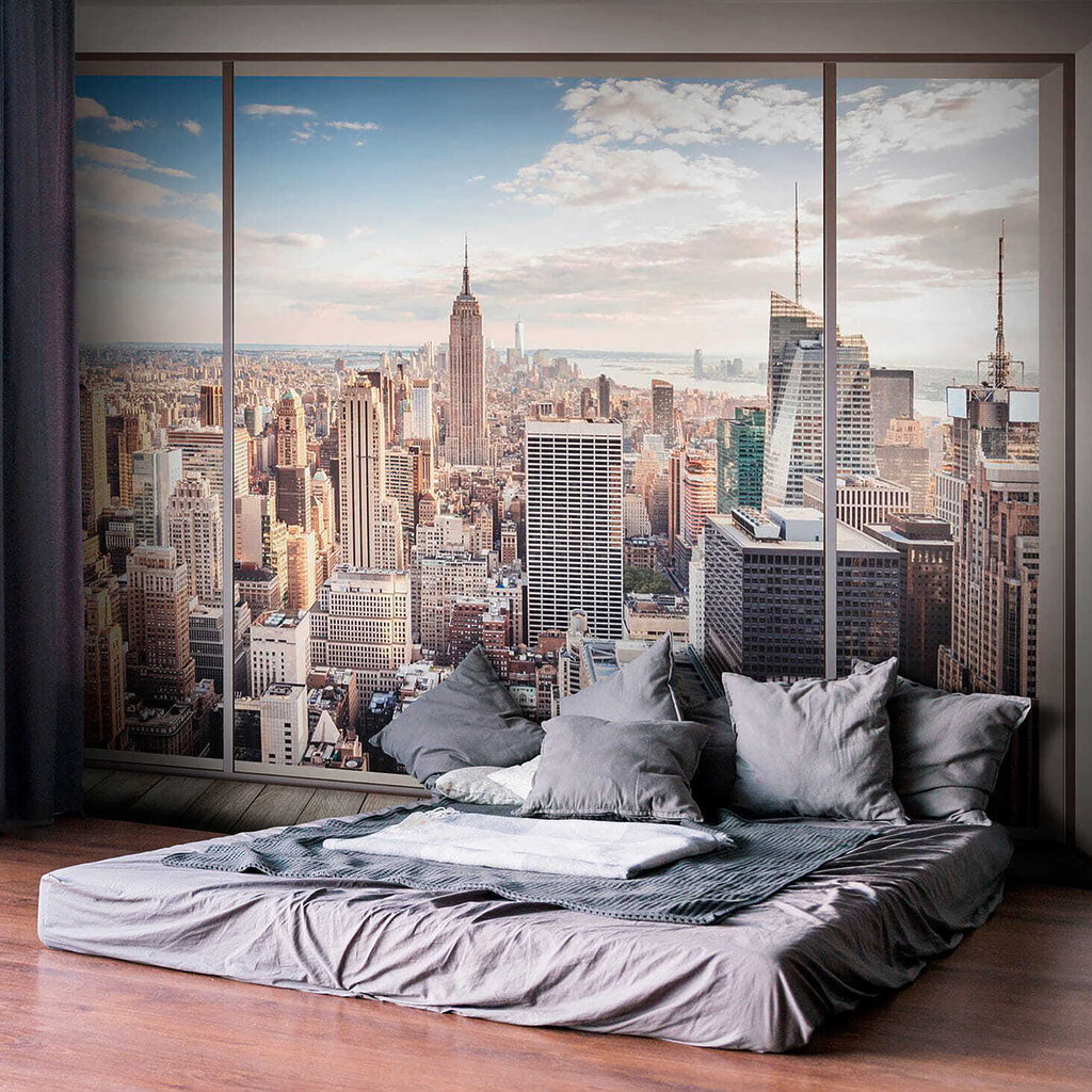 Skyline achter breed stadsraam — interieur 11