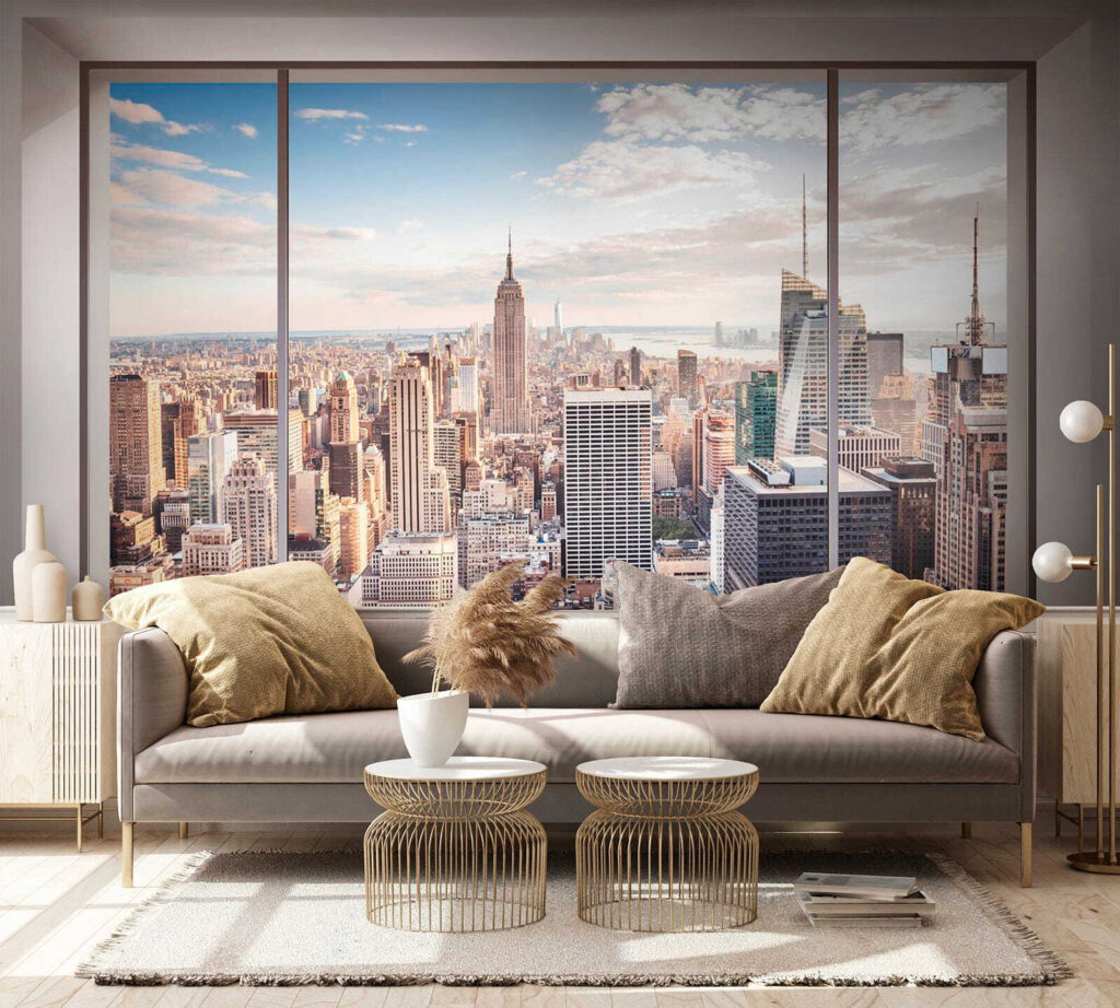 Skyline achter breed stadsraam — interieur 4
