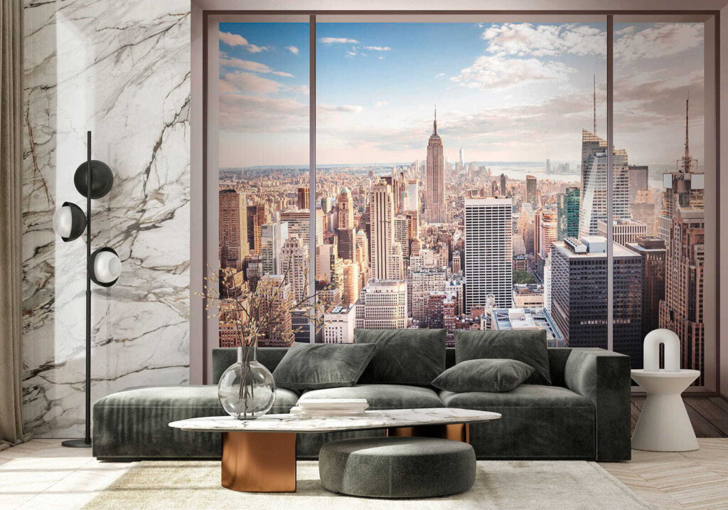 Skyline achter breed stadsraam — interieur 5
