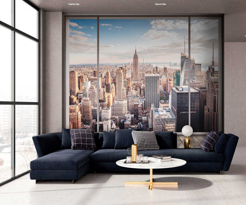 Skyline achter breed stadsraam — interieur 6