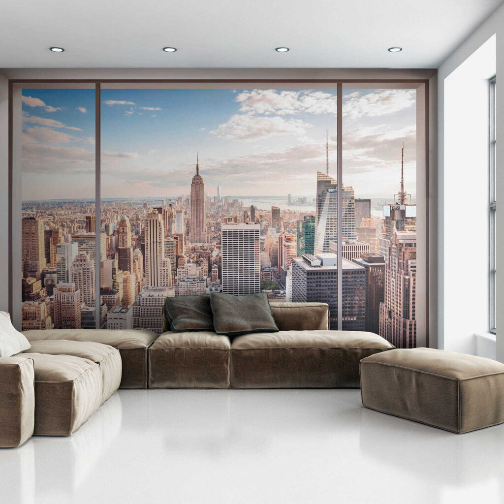 Skyline achter breed stadsraam — interieur 7