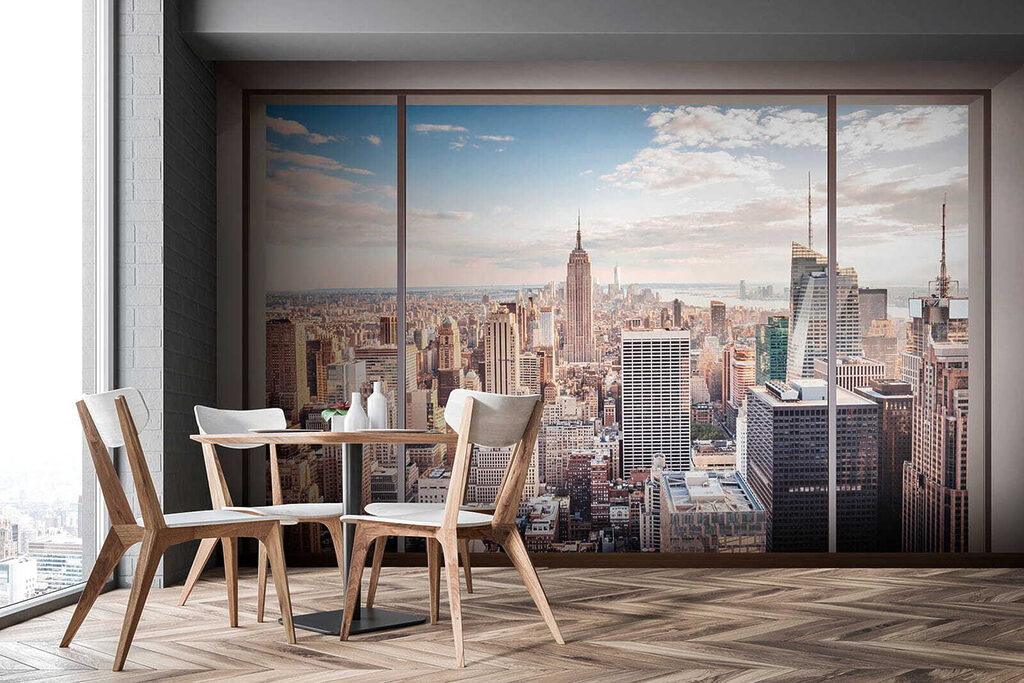 Skyline achter breed stadsraam — interieur 12