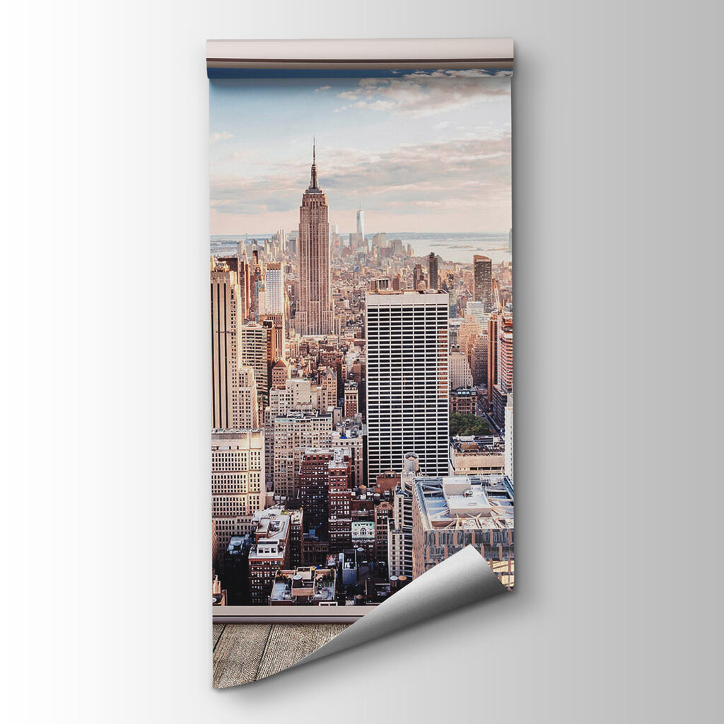 Skyline achter breed stadsraam — productweergave
