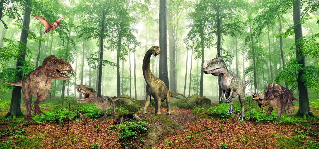 Dinosaurussen in zonnig bos — volledig ontwerp