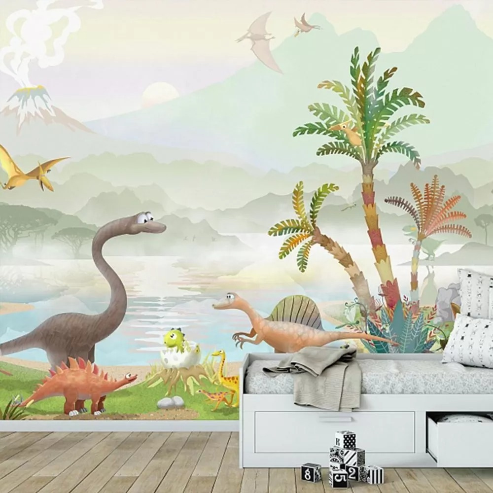 Groep dinosaurussen bij een meer in een interieur