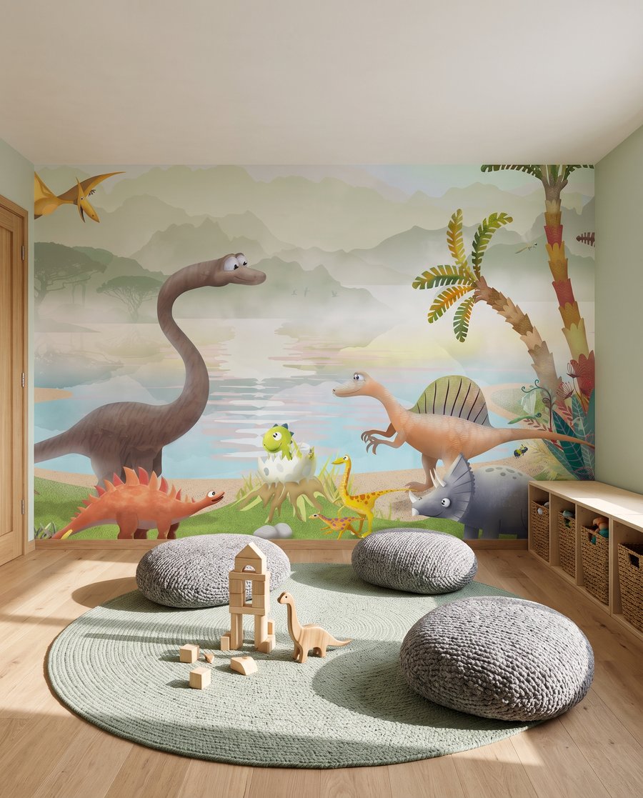 Dino's bij een tropenmeer in een interieur