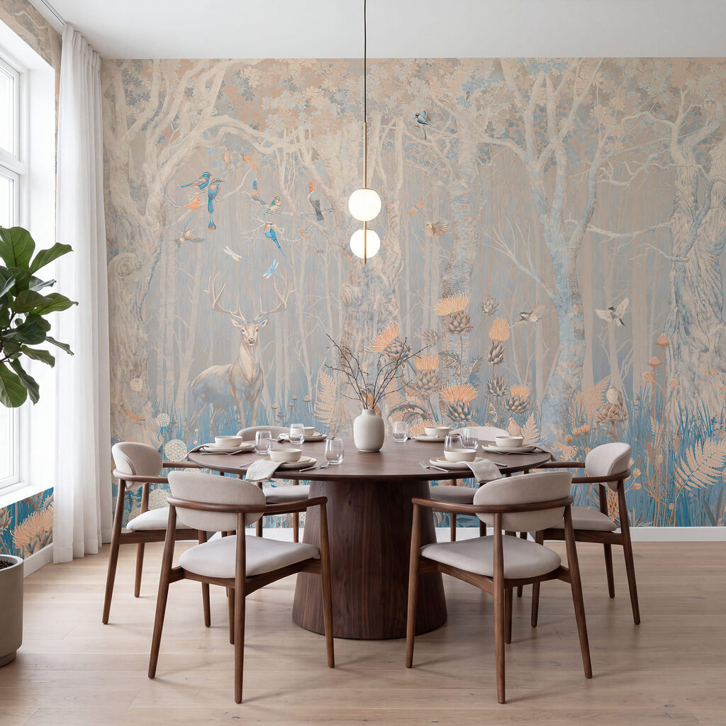 Schilderij van een hert en vogels in een bos in een interieur