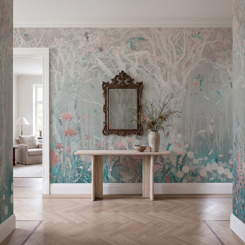 Bleke bomen boven bloemen — interieur 1