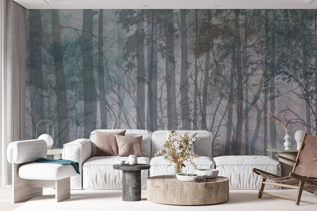 Hoge bosstammen in grijsblauw — interieur 3