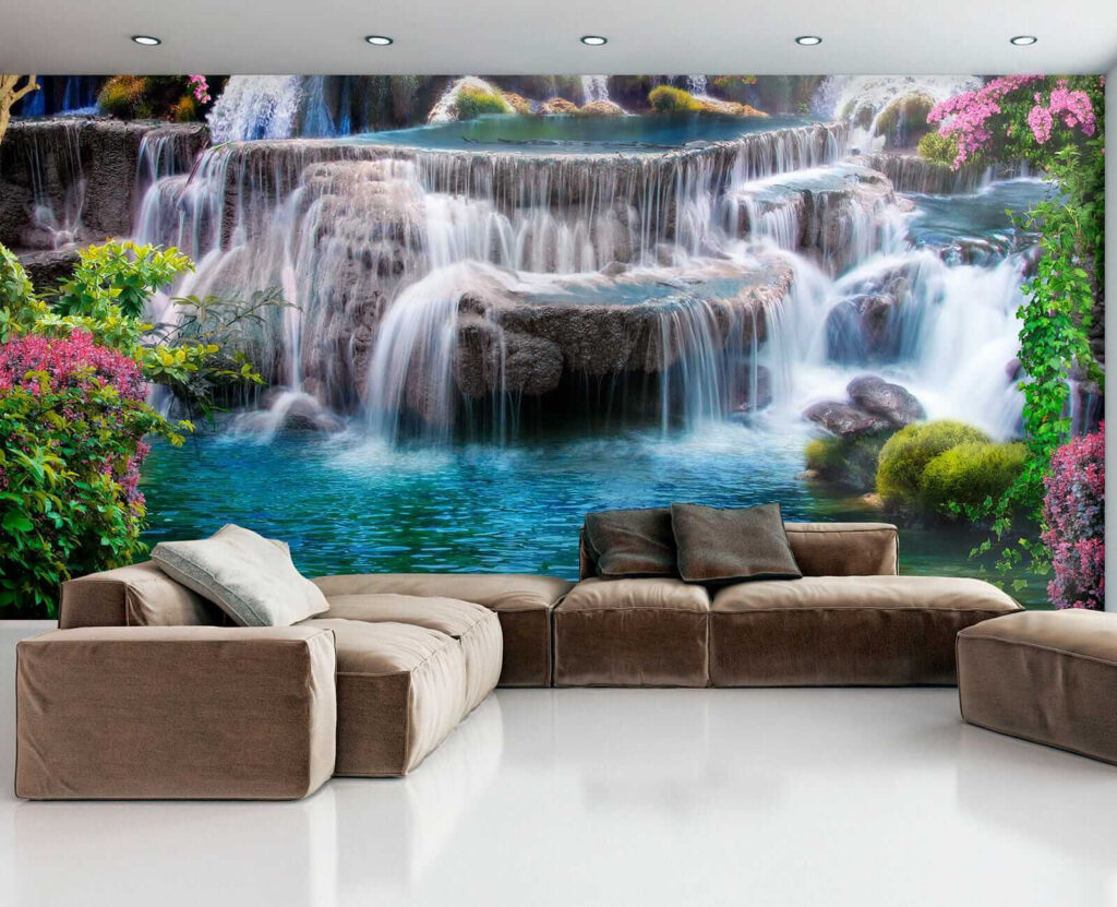 Waterval tussen roze heesters — interieur 6