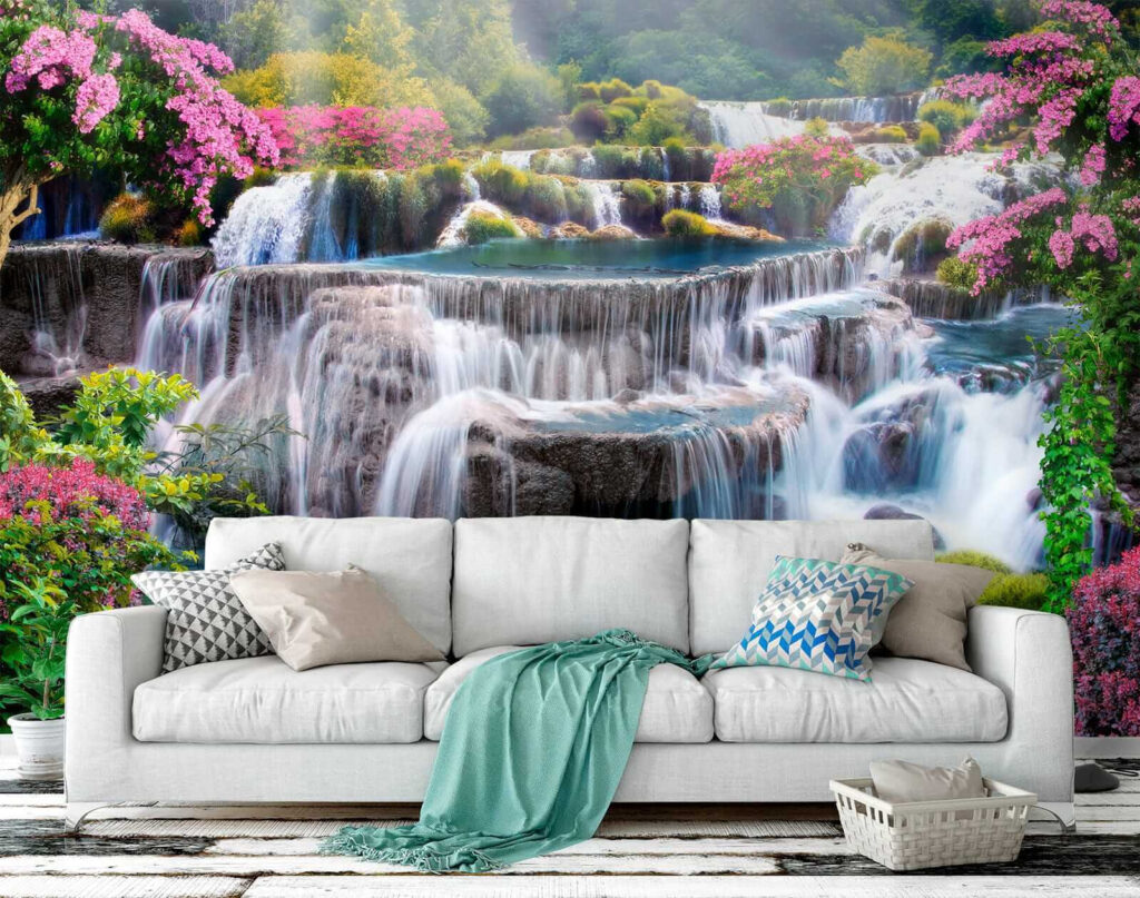 Waterval tussen roze heesters — interieur 8