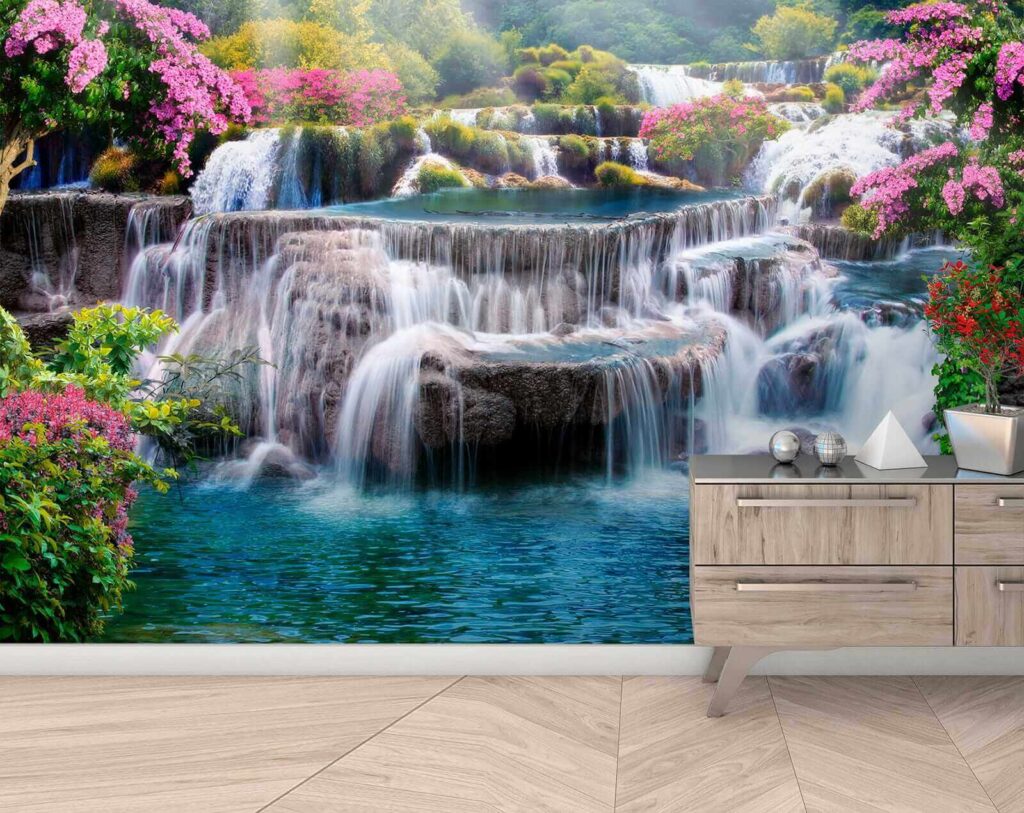 Waterval tussen roze heesters — interieur 9