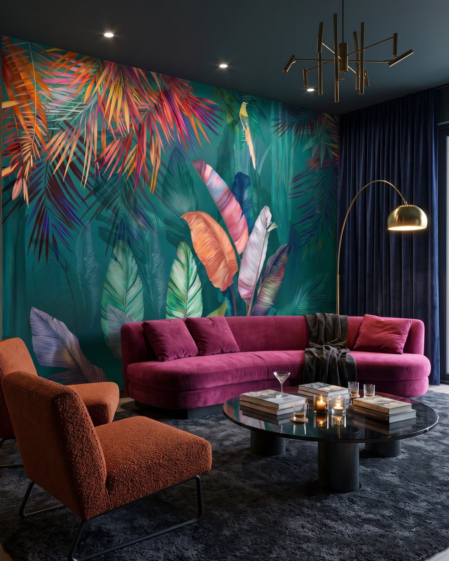 Tropisch blad in juweelkleuren in een interieur