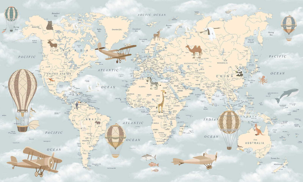 Wereldkaart met wolkenlucht — volledig ontwerp