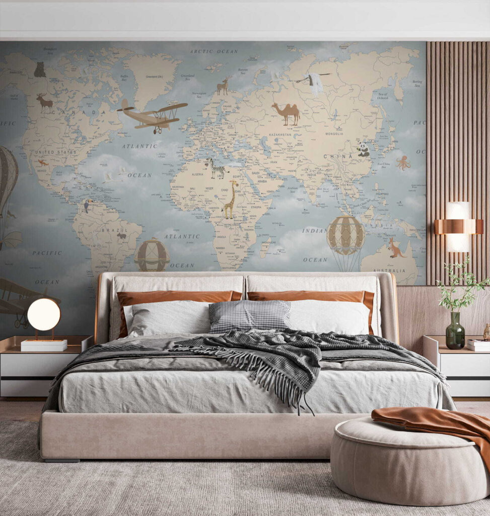 Wereldkaart met wolkenlucht — interieur 2