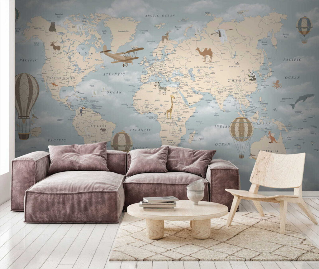 Wereldkaart met wolkenlucht — interieur 3