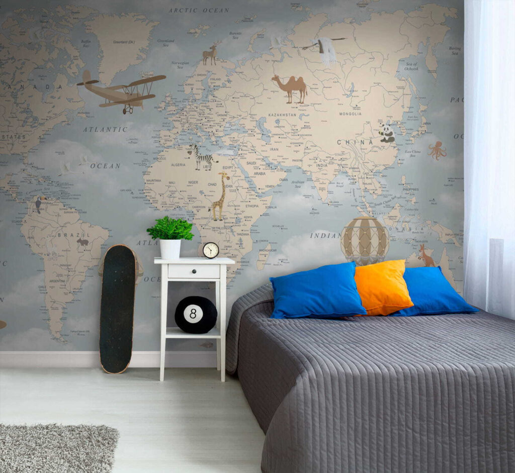 Wereldkaart met wolkenlucht — interieur 8