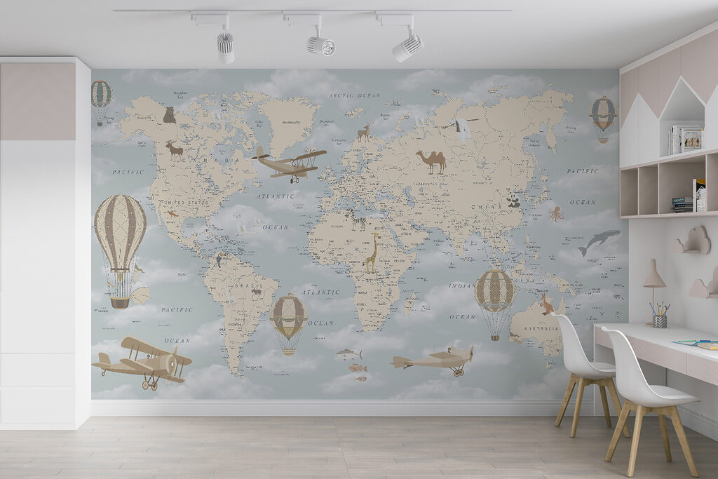 Wereldkaart met wolkenlucht — interieur 11