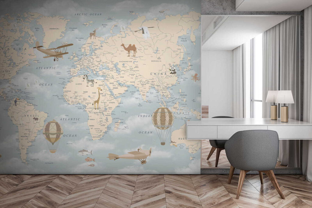 Wereldkaart met wolkenlucht — interieur 9