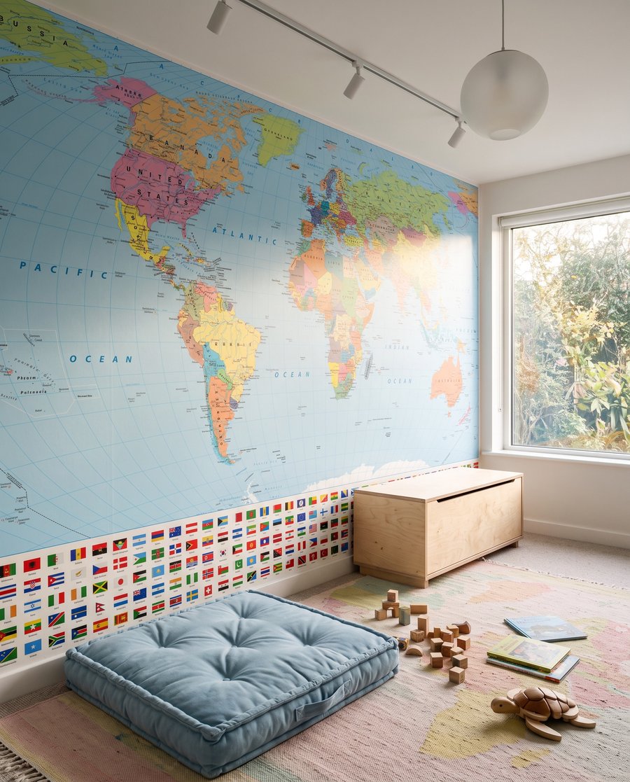 Kaart van de wereld met verschillende vlaggen in een interieur