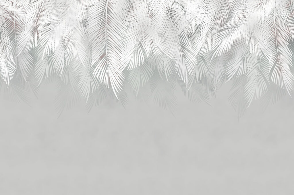 Witte palmtakken boven zachtgrijs — volledig ontwerp