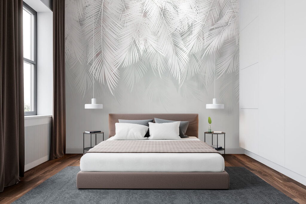 Witte palmtakken boven zachtgrijs — interieur 2