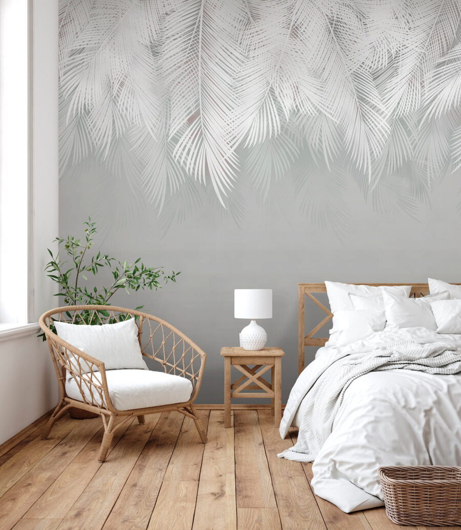 Witte palmtakken boven zachtgrijs — interieur 3
