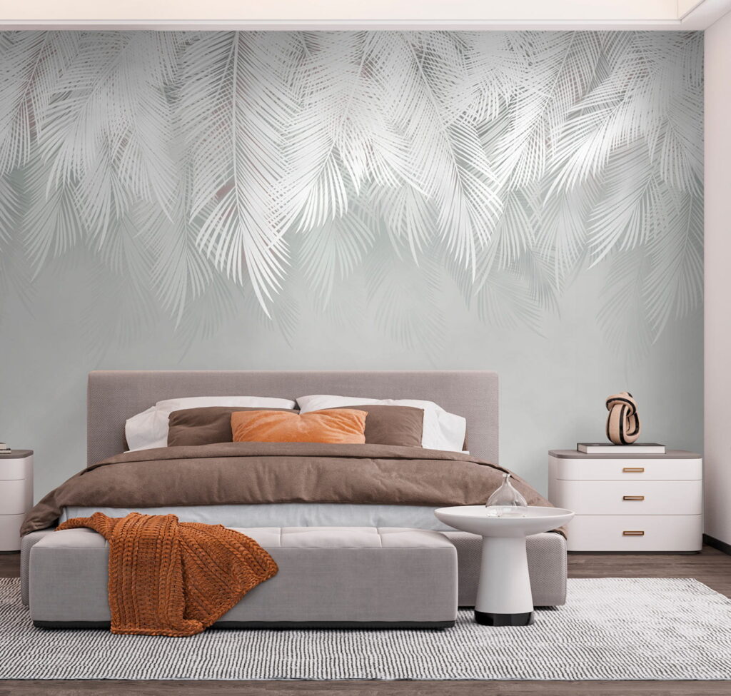 Witte palmtakken boven zachtgrijs — interieur 4