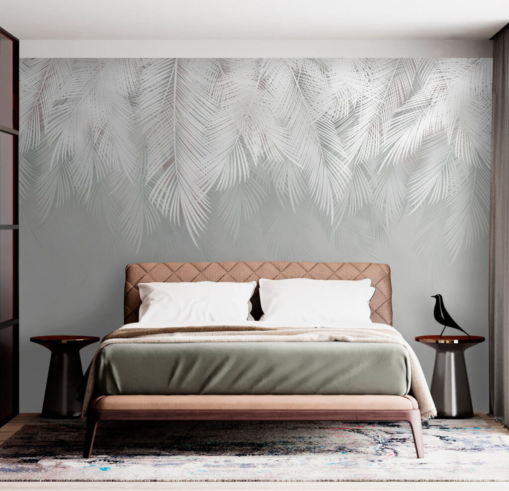 Witte palmtakken boven zachtgrijs — interieur 5