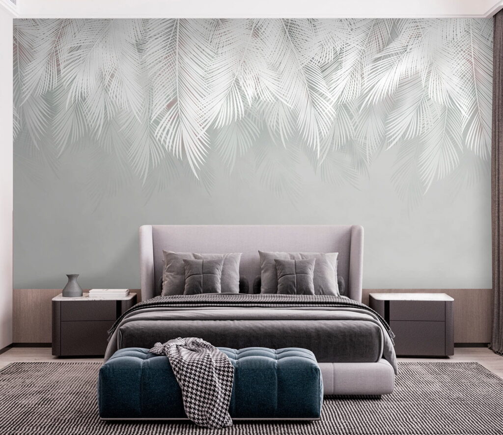 Witte palmtakken boven zachtgrijs — interieur 6