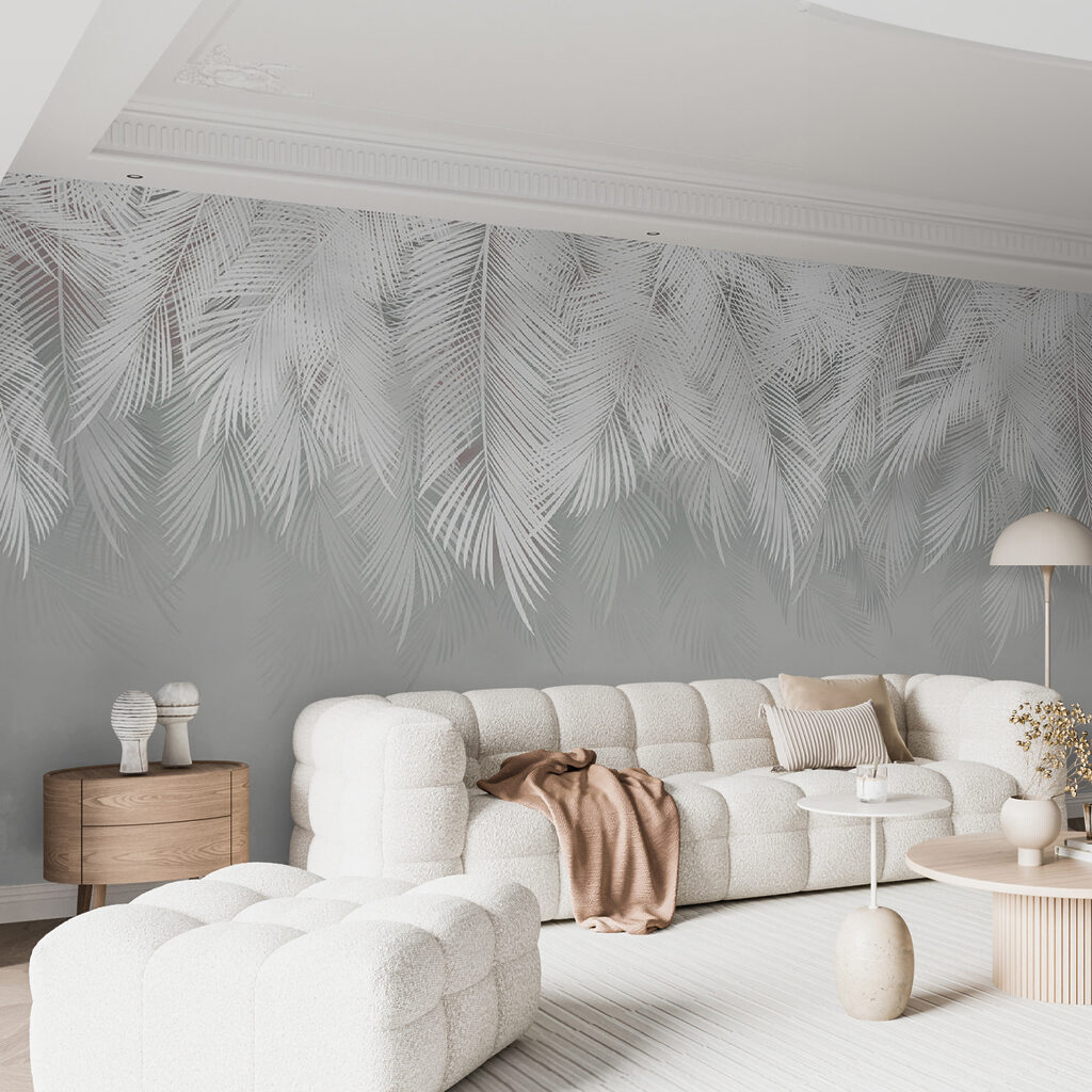 Witte palmtakken boven zachtgrijs — interieur 10