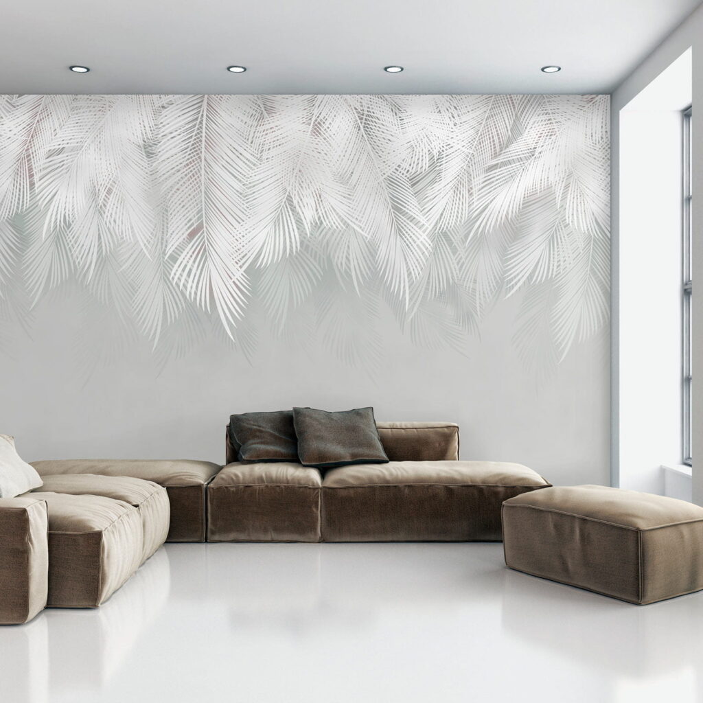 Witte palmtakken boven zachtgrijs — interieur 7