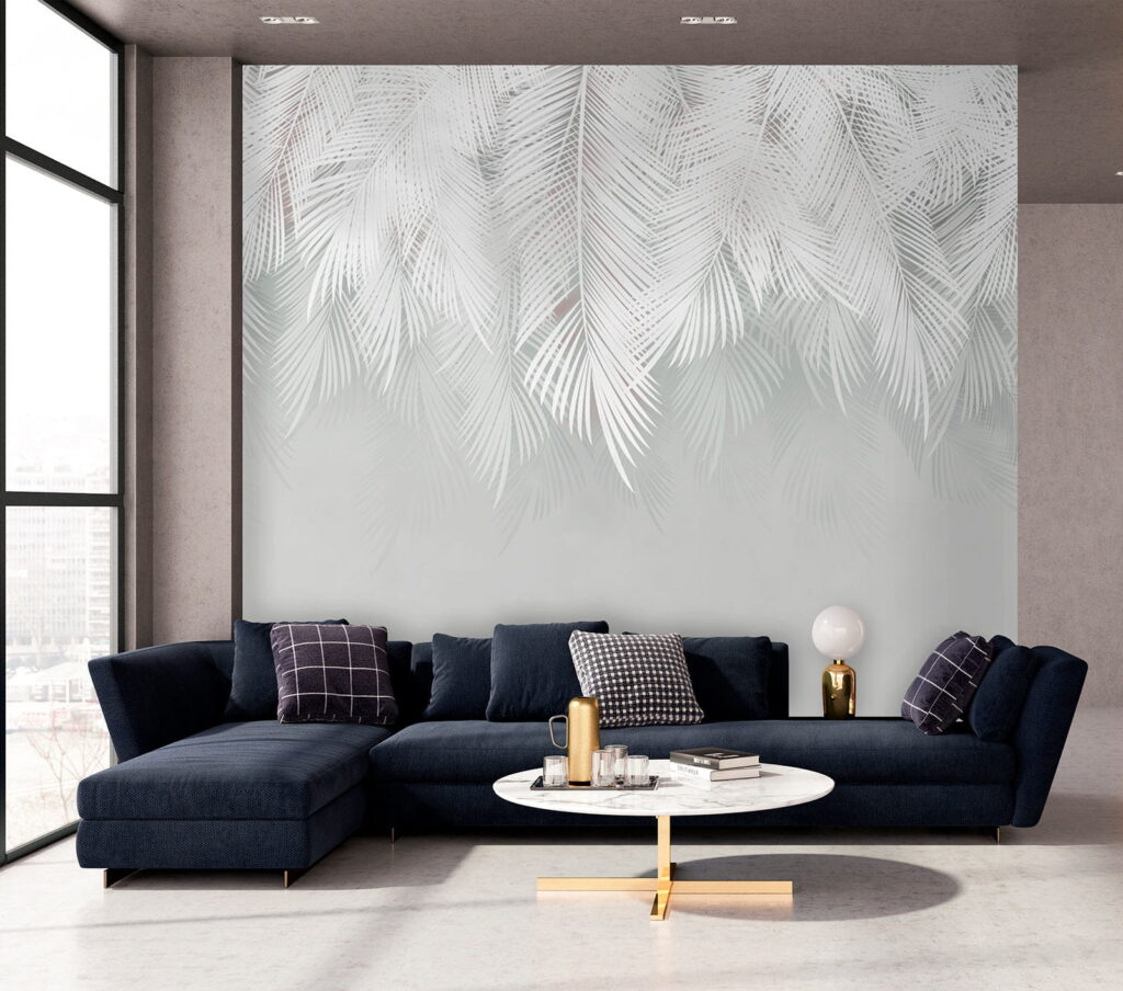 Witte palmtakken boven zachtgrijs — interieur 8