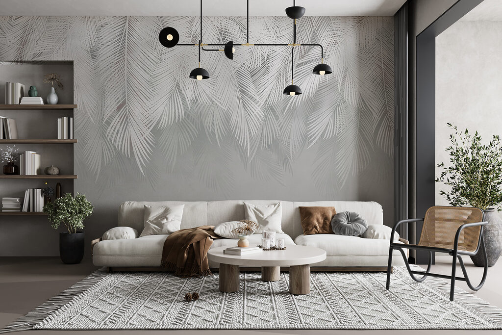 Witte palmtakken boven zachtgrijs — interieur 11