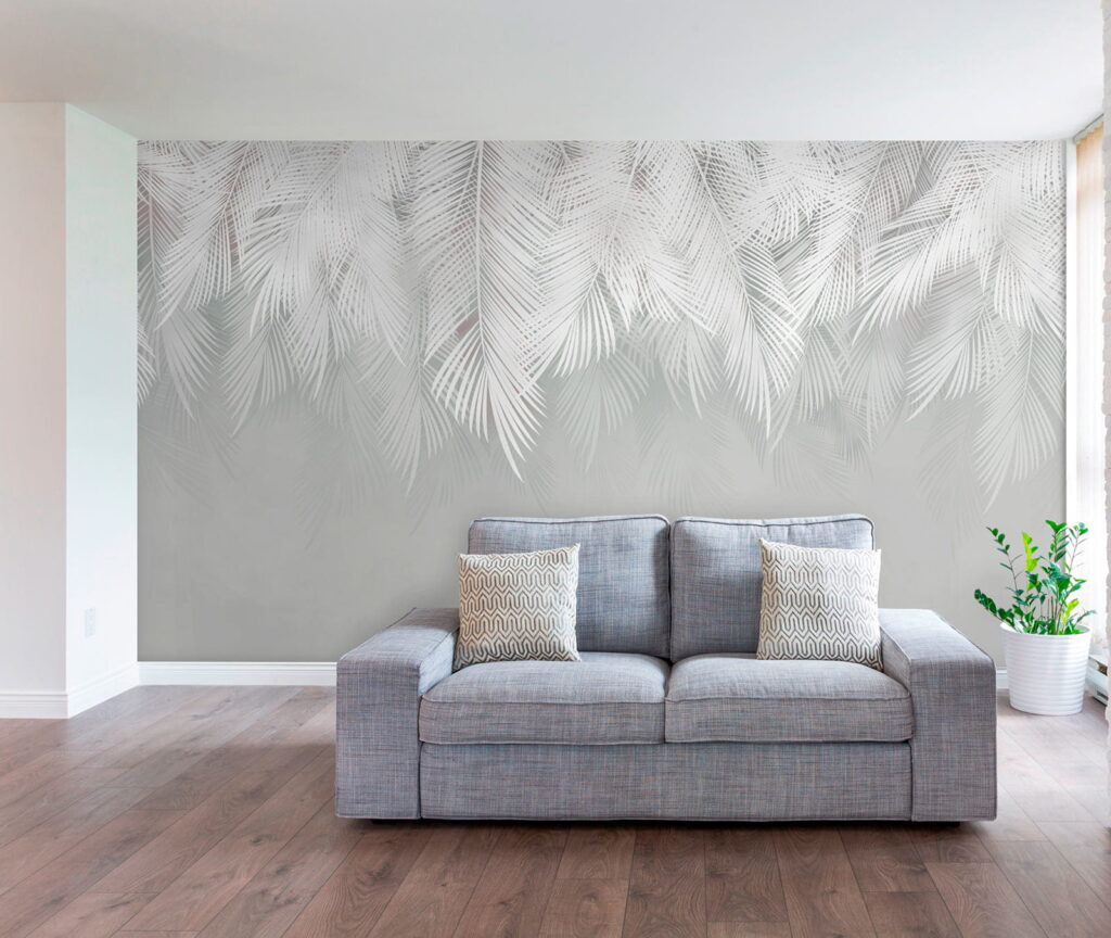 Witte palmtakken boven zachtgrijs — interieur 1