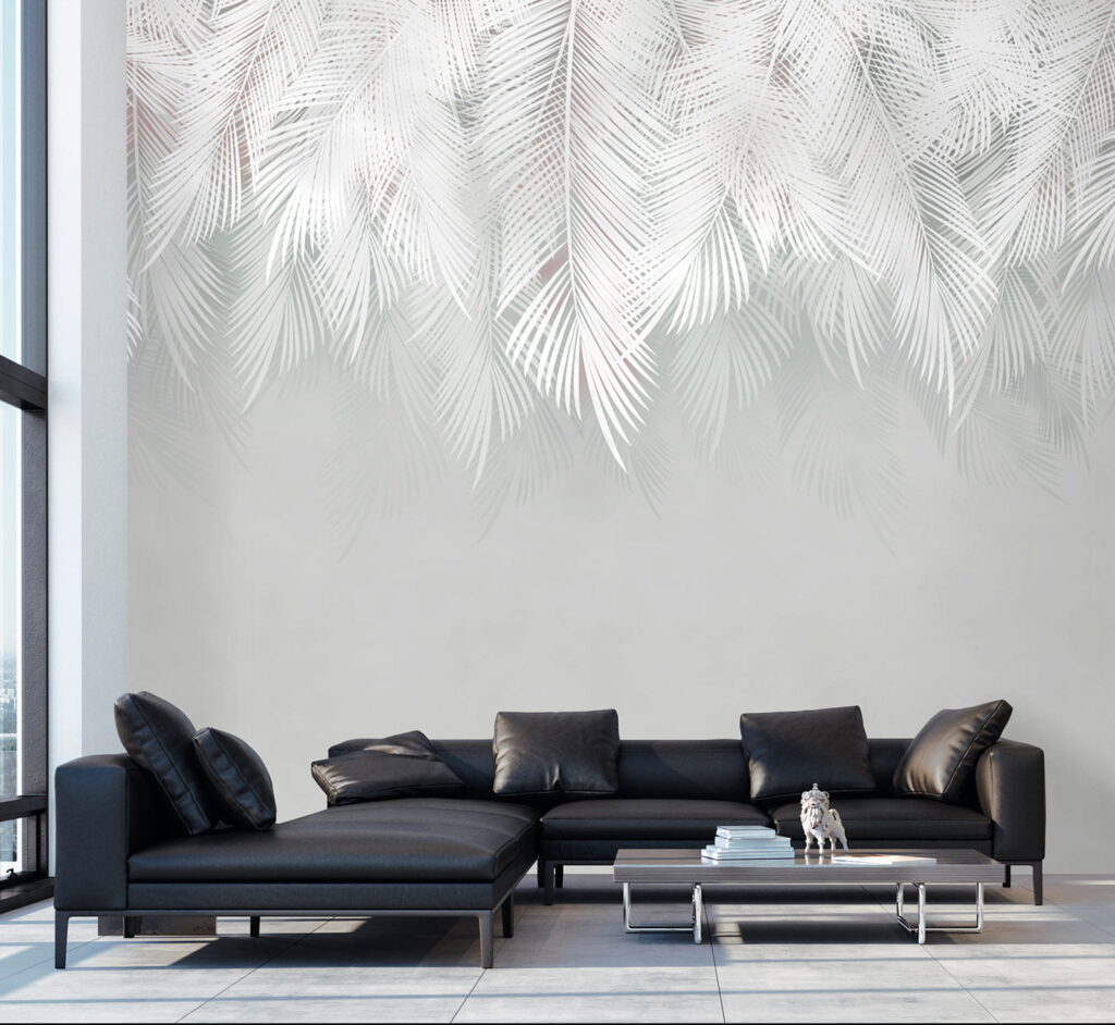 Witte palmtakken boven zachtgrijs — interieur 9
